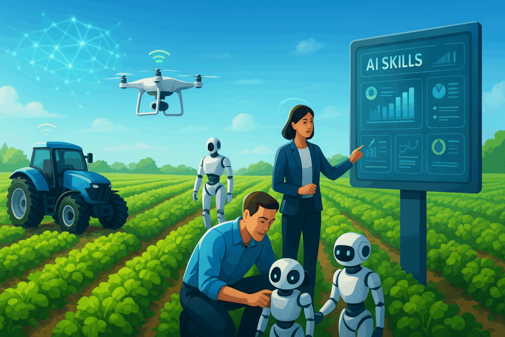 Futuristic smart farm with IoT sensors, drones, AI-powered robots, and autonomous tractors managing lush crops, supported by digital dashboards displaying data analytics for sustainable farming.