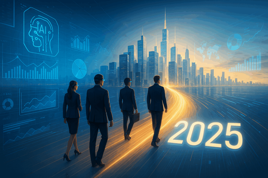 Four business professionals in suits walk on a glowing golden pathway labeled “2025” toward a futuristic skyline of tall glass skyscrapers. Blue holographic data charts, AI icons, and graphs float around them, symbolizing innovation and technology. The scene is lit in blue and gold tones, creating a clean, inspiring, and corporate-friendly atmosphere.