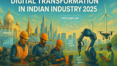 Wide-aspect illustration showing “Digital Transformation in Indian Industry 2025.” In the background, a modern Indian skyline blends traditional landmarks like the Taj Mahal and temple spires with futuristic skyscrapers, solar rooftops, and wind turbines. In the foreground, industry workers in safety gear operate AI-powered machines, robotics, and IoT dashboards, while a farmer uses a tablet to control drones over green fields. Transparent holographic charts in Hindi display production analytics and smart supply chain data. The scene uses saffron, green, and blue tones, symbolizing India’s growth, innovation, and sustainability.