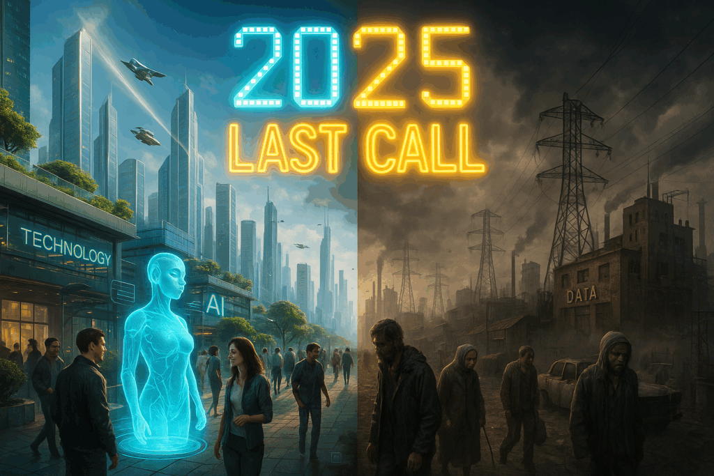 Split-screen cityscape showing two contrasting futures in 2025: the left side is a bright, futuristic metropolis with AI holograms, flying cars, lush rooftop gardens, and happy people; the right side is a dark, decaying city with pollution, rundown buildings, power lines, and struggling citizens. A glowing neon sign in the sky reads “2025 Last Call,” symbolizing urgency for change.