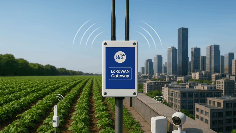 LoRaWAN Gateway device installed on a pole, connecting smart agriculture sensors in a rural field and IoT devices on an urban rooftop with signal waves, symbolizing long-range, low-power IoT communication under clear skies
