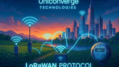Illustration of LoRaWAN Protocol showing IoT connectivity between a smart city and rural landscape with glowing wireless signals and Uniconverge Technologies branding.