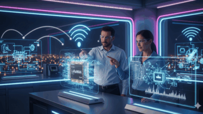 Engineers in a futuristic lab interact with holographic displays showing LoRaWAN network diagrams and a glowing LoRaWAN module, with a city visible in the background.