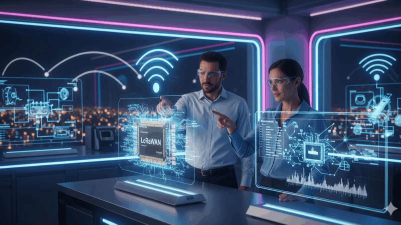 Engineers in a futuristic lab interact with holographic displays showing LoRaWAN network diagrams and a glowing LoRaWAN module, with a city visible in the background.