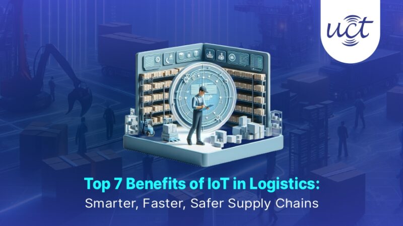 Warehouse scene illustrating IoT technology benefits in logistics, featuring a technician with a tablet and supply chain components in a smart, connected environment.