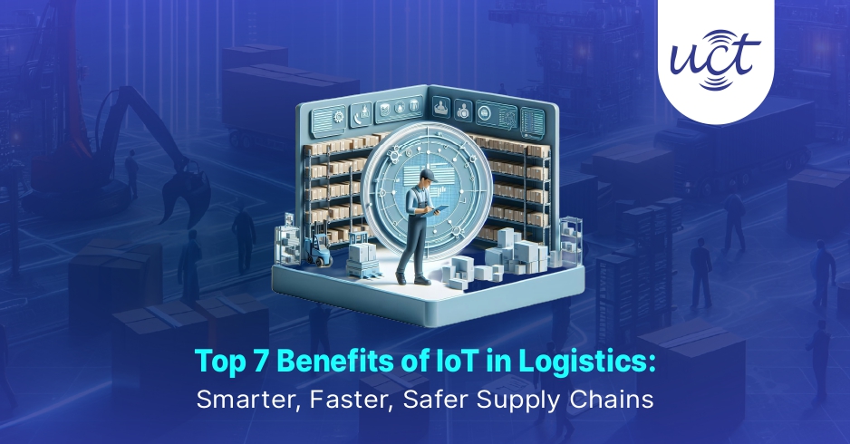 Warehouse scene illustrating IoT technology benefits in logistics, featuring a technician with a tablet and supply chain components in a smart, connected environment.