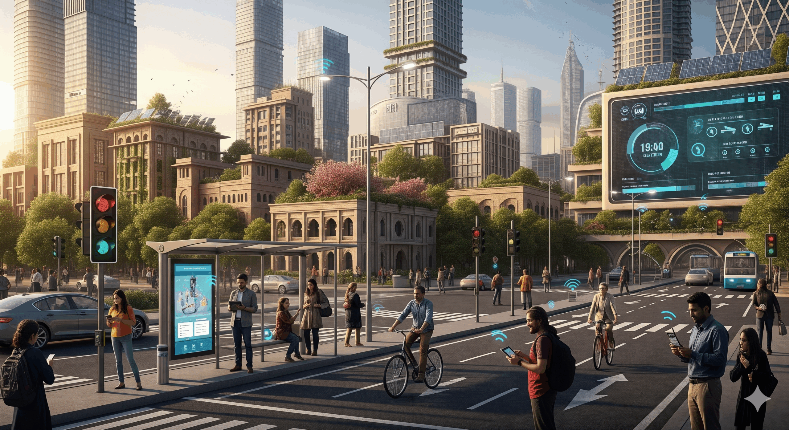 A hyper-realistic, high-definition landscape image of a futuristic Indian smart city. It's golden hour, and the city is bustling with activity. Smart traffic lights adjust dynamically to the flow of vehicles and bicycles. On the sidewalks, people use their smartphones for various tasks, like checking bus schedules or navigating. A large public screen on a modern building displays real-time environmental data, including air quality and traffic information. The architecture is a blend of sleek skyscrapers and traditional Indian buildings with arches and vibrant colors, all surrounded by lush green spaces and solar panels. The scene is bright and hopeful.