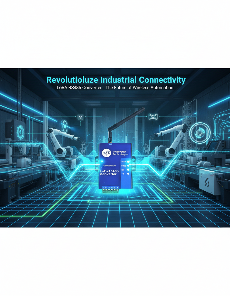 A striking, modern industrial scene with a Uniconverge Technologies LoRa RS485 Converter at its center. The device is in a crisp landscape orientation, glowing subtly with a futuristic light effect. Dynamic, semi-transparent digital waves representing wireless data streams extend from the converter across an industrial backdrop. The scene includes sleek factory elements, IoT sensors, and connected machinery. The color palette features bold electric blue, neon green, and bright white, conveying a sense of cutting-edge technology and energy.