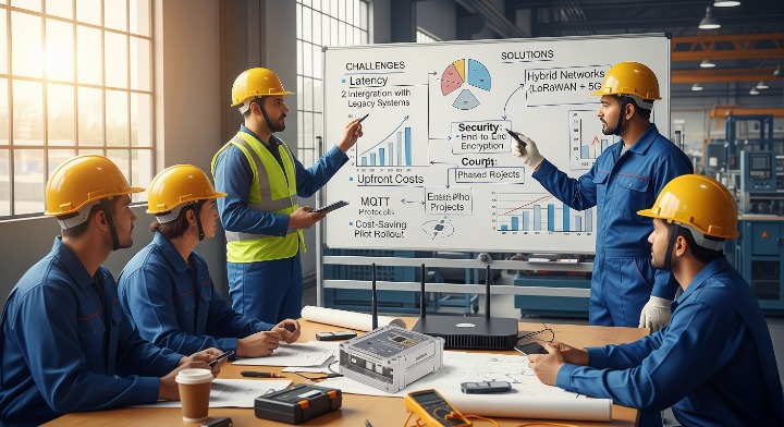 A photorealistic 4K Ultra HD image of engineers overcoming challenges in LoRaWAN adoption within a modern smart manufacturing facility, captured at 11:33 AM IST on September 15, 2025. The scene shows a team discussing solutions on a digital screen and whiteboard, with LoRaWAN sensors and gateways on a test bench, highlighting the integration of LoRaWAN Technology to address latency, security, and costs.