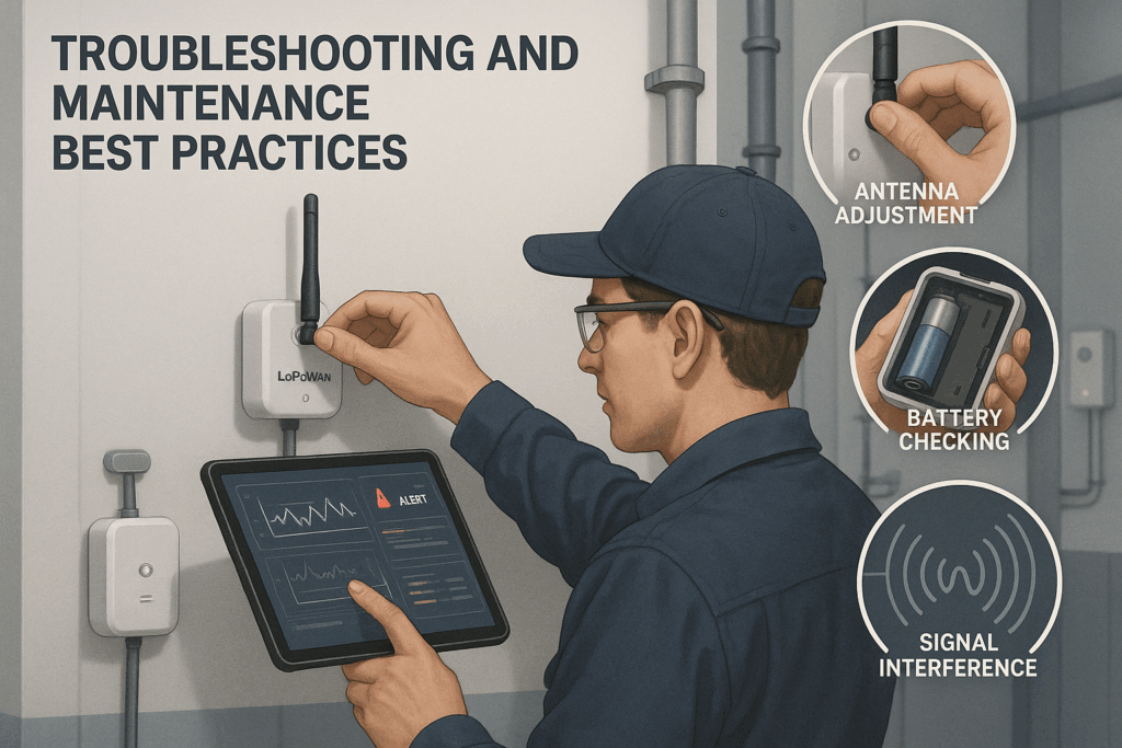 Ultra-realistic 4K UHD illustration showing a technician performing troubleshooting and maintenance on LoRaWAN IoT devices, including antenna adjustment, battery checking, firmware updates, and wireless signal analysis in a modern industrial environment