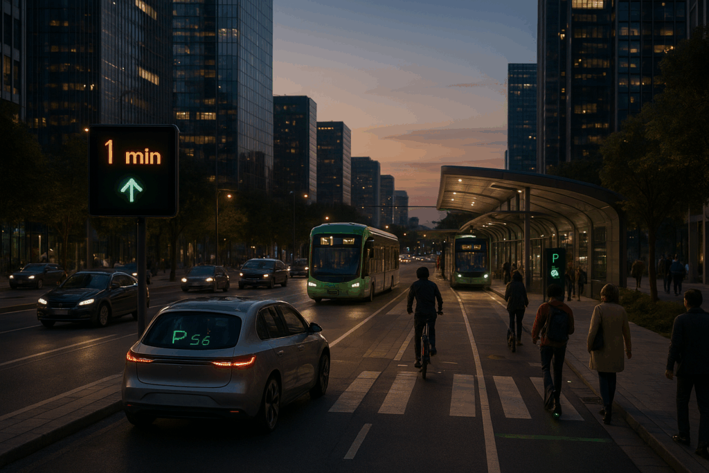 A hyper-realistic 4K urban scene at dusk showing smart mobility in a modern city with autonomous electric cars, real-time digital traffic signs, smart parking sensors, electric buses, a tram at a sleek transit hub, cyclists, pedestrians, and e-scooters navigating dedicated lanes, framed by glass skyscrapers and warm sunset lighting.
