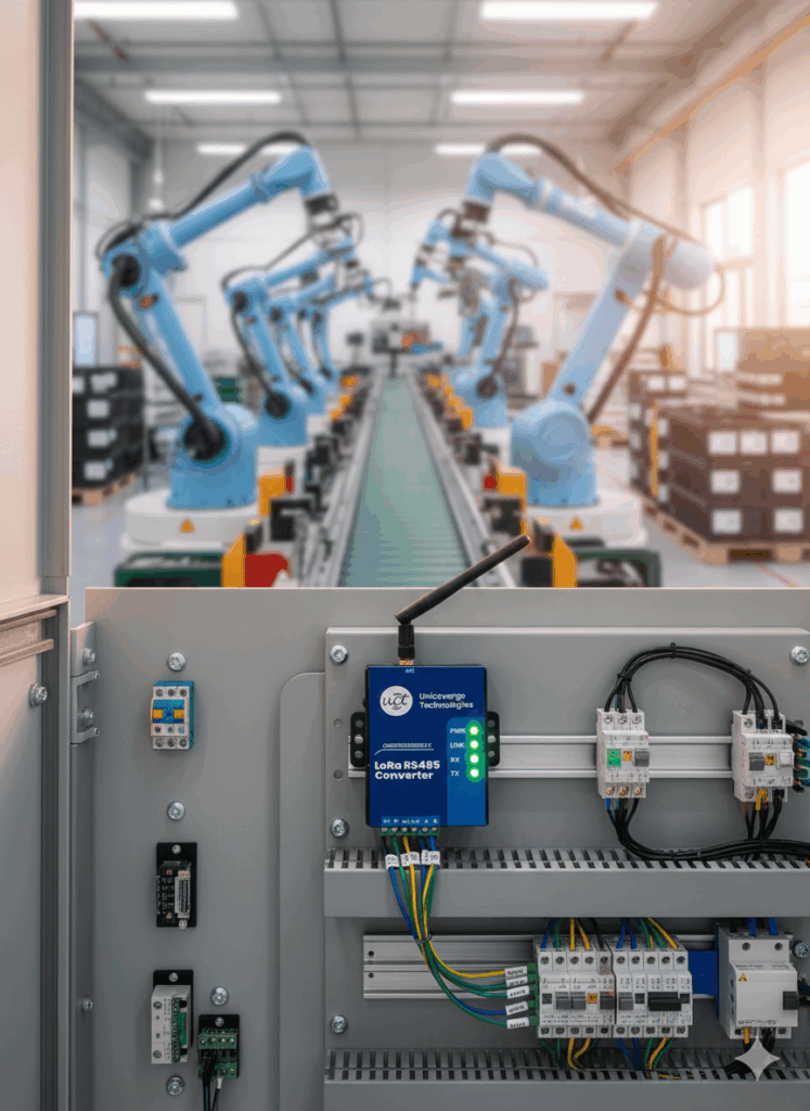  A close-up, wide-angle, 4K ultra HD photograph of a Unicoverge Technologies LoRa RS485 Converter mounted on a control panel in a modern factory. The device's LED indicators are glowing softly. The background is a blurred view of an automated assembly line with robotic arms in motion, emphasizing the industrial setting. The lighting is natural and slightly warm.