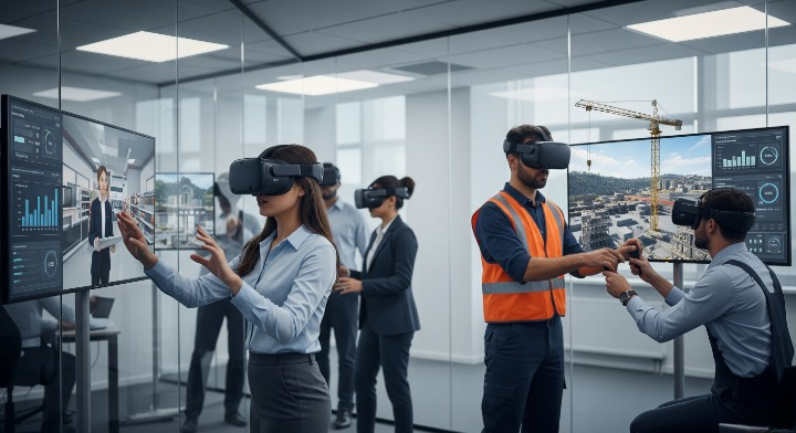 A photorealistic 4K Ultra HD depiction of a virtual reality training session in a high-tech industrial facility. A female healthcare worker in scrubs practices a surgical procedure in a virtual operating room via VR headset, while a male factory worker in a safety vest trains on machinery maintenance in a virtual environment. The modern training room features large windows, advanced screens displaying analytics, and natural lighting, creating a lifelike and professional atmosphere.