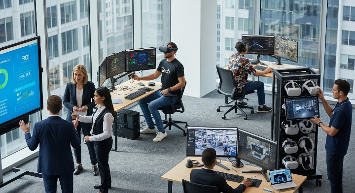 A hyper-realistic 4K Ultra HD scene of a modern corporate conference room during a virtual reality training implementation. A team plans virtual reality training goals around a digital whiteboard with ROI metrics, an IT specialist tests a PC-tethered virtual reality headset, a content developer designs virtual reality training modules, and a technician manages standalone virtual reality headsets.