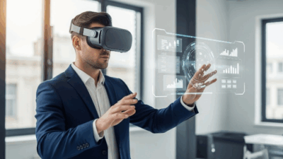 A business professional wearing a VR headset in a modern office, interacting with holographic charts and virtual simulations, showcasing VR applications in business.
