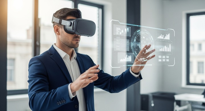A business professional wearing a VR headset in a modern office, interacting with holographic charts and virtual simulations, showcasing VR applications in business.