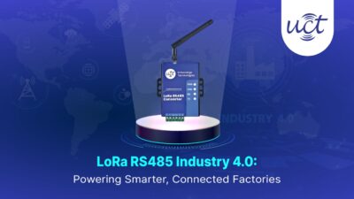 A 4K ultra-realistic image of the LoRa RS485 Converter by Unicoverge Technologies, featuring a sleek design with LED indicators and a terminal block, set on a glowing podium against a tech-themed blue background with icons representing Industry 4.0 and global connectivity.