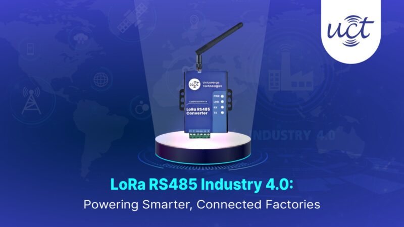A 4K ultra-realistic image of the LoRa RS485 Converter by Unicoverge Technologies, featuring a sleek design with LED indicators and a terminal block, set on a glowing podium against a tech-themed blue background with icons representing Industry 4.0 and global connectivity.