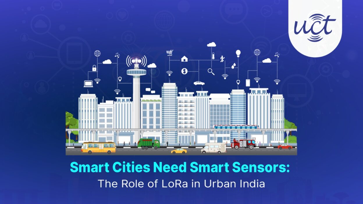 A digital illustration of an Indian city skyline with IoT devices and symbols connected by LoRa wireless signals, showcasing smart city applications and sensor integration for urban India.