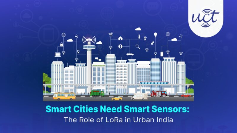 A digital illustration of an Indian city skyline with IoT devices and symbols connected by LoRa wireless signals, showcasing smart city applications and sensor integration for urban India.