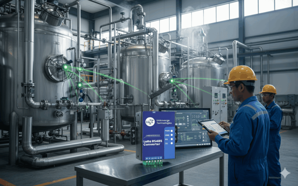A photorealistic image of a chemical processing plant. In the foreground, a Unicoverge Technologies LoRa RS485 Converter is prominently featured on a surface, displaying real-time data on a digital screen. Technicians in safety suits are visible in the background, monitoring operations on rugged tablets, while compact LoRa sensors with green LEDs are mounted on large stainless steel tanks and pipes.
