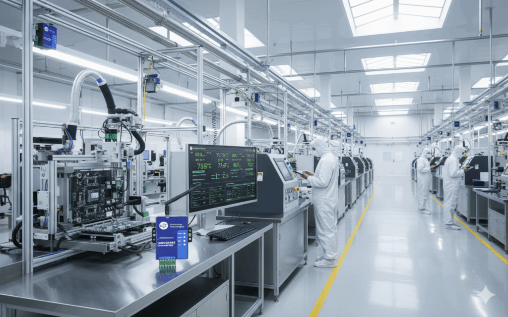 A photorealistic image of a high-tech electronics factory. In the foreground, a Unicoverge Technologies LoRa RS485 Converter with a prominent antenna and indicator lights sits on a table. It displays real-time data on a digital screen. In the background, engineers in cleanroom suits monitor automated machinery and robotic arms assembling circuit boards, with LoRa sensors visible on equipment. The factory is clean and brightly lit, highlighting smart factory automation.
