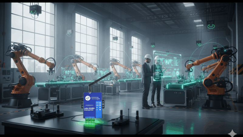 A wide-angle, photorealistic image of a modern smart factory floor. It features LoRa technology for remote monitoring and industrial automation. In the foreground, a Unicoverge Technologies LoRa RS485 Converter is prominently displayed, serving as a key IoT gateway device. The scene includes robotic arms, automated machinery, and engineers in safety gear using tablets, all under the soft light of a high-tech facility.