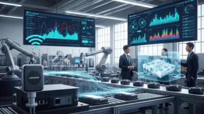 Modern smart manufacturing facility powered by LoRaWAN Technologies, showcasing IoT sensors and real-time data analytics on digital dashboards." Notes: The alt text is succinct (under 125 characters), descriptive, and includes the keyword "LoRaWAN Technologies." It conveys the image’s content for accessibility and SEO, focusing on the smart manufacturing and data analytics context.