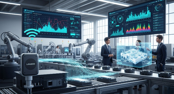 Modern smart manufacturing facility powered by LoRaWAN Technologies, showcasing IoT sensors and real-time data analytics on digital dashboards." Notes: The alt text is succinct (under 125 characters), descriptive, and includes the keyword "LoRaWAN Technologies." It conveys the image’s content for accessibility and SEO, focusing on the smart manufacturing and data analytics context.