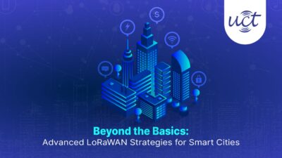 Isometric cityscape illustration with smart city icons like Wi-Fi, energy, and security, highlighting advanced LoRaWAN strategies for urban innovation.
