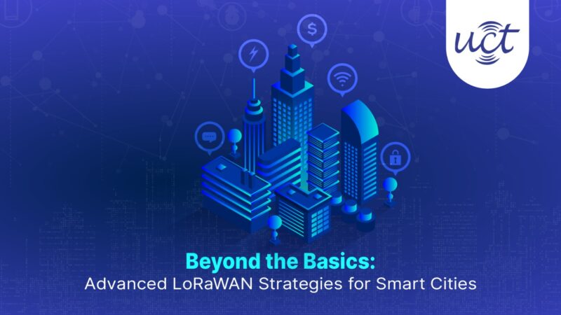 Isometric cityscape illustration with smart city icons like Wi-Fi, energy, and security, highlighting advanced LoRaWAN strategies for urban innovation.