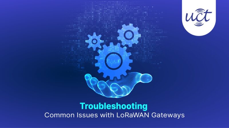 A digital wireframe hand holding three blue gears, symbolizing problem-solving, with the text 'Troubleshooting Common Issues with LoRaWAN Gateways' on a blue background.