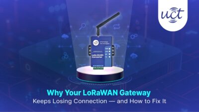 LoRaWAN RS485 Converter device displayed on a platform with network icons in the background, illustrating LoRaWAN gateway connectivity issues and solutions.