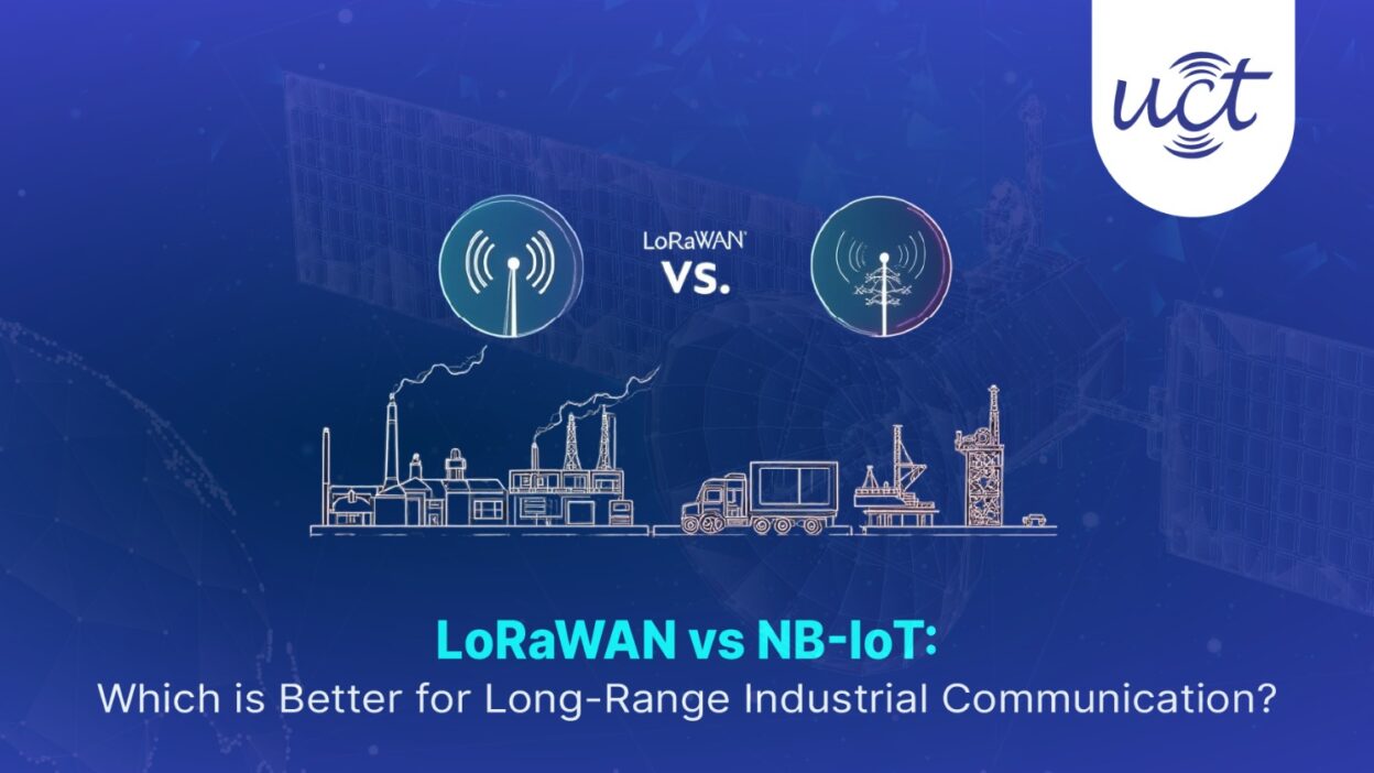 Illustration comparing LoRaWAN vs NB-IoT technologies for long-range industrial communication, featuring industrial buildings, wireless towers, and the UCT logo on a blue tech background.