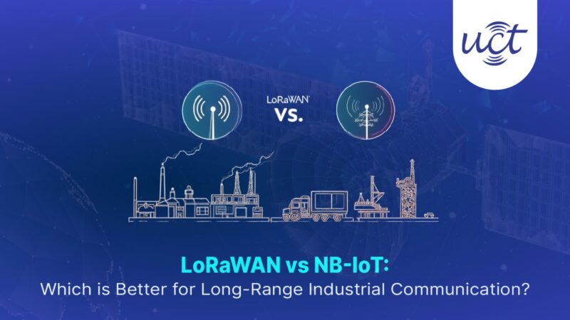 Illustration comparing LoRaWAN vs NB-IoT technologies for long-range industrial communication, featuring industrial buildings, wireless towers, and the UCT logo on a blue tech background.