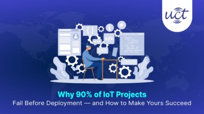 Infographic showing major reasons IoT projects fail before deployment, including unclear business goals, connectivity issues like LoRaWAN gateway problems, poor integration, scalability gaps, and security concerns; with a side panel summarizing five expert solutions for avoiding these failures.​