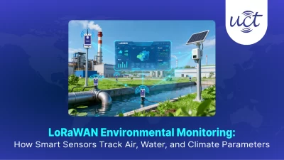 LoRaWAN environmental monitoring with smart sensors tracking air, water, and climate data in an eco-friendly urban setting.