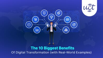 Illustration showing digital transformation with connected technology, automation, and data analytics improving business efficiency.