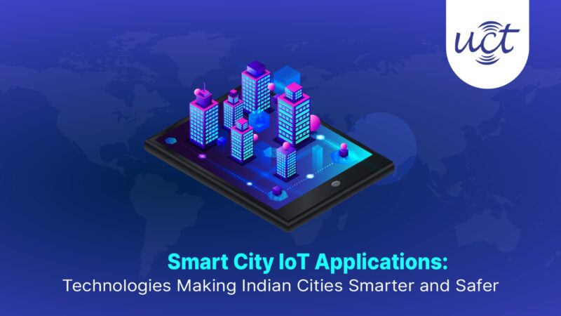 A digital illustration of an Indian city with IoT-enabled traffic signals, smart waste bins, LoRa sensors, and citizens using mobile apps for urban services.