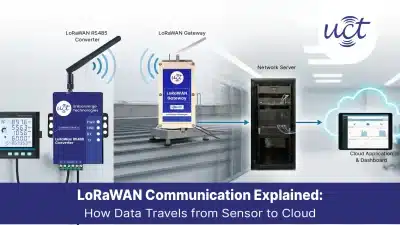 LoRaWAN communication diagram: Sensor node sending data uplink to gateway, network server, then cloud in star topology for IoT. Uniconverge tech