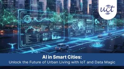 Futuristic smart city skyline at dusk with glowing AI networks, IoT sensors on buildings, connected vehicles, and data streams for urban development by Uniconverge Technologies