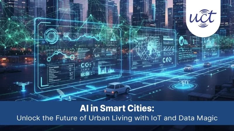 Futuristic smart city skyline at dusk with glowing AI networks, IoT sensors on buildings, connected vehicles, and data streams for urban development by Uniconverge Technologies
