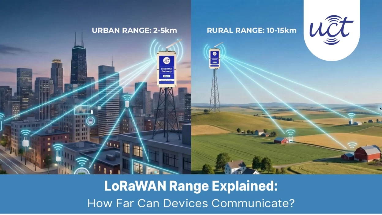 LoRaWAN coverage heatmap showing 25 km range across Uttar Pradesh farms with Uniconverge UG-865 gateways