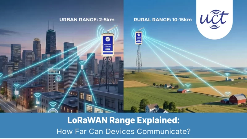 LoRaWAN coverage heatmap showing 25 km range across Uttar Pradesh farms with Uniconverge UG-865 gateways