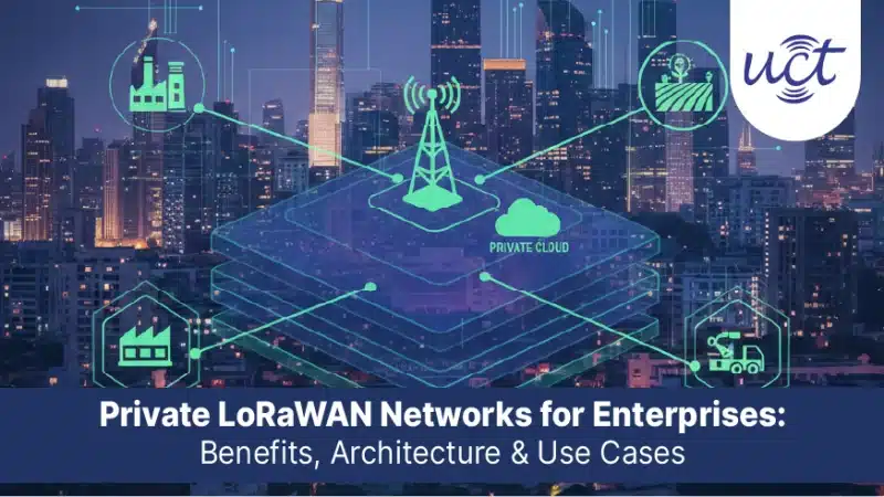 Diagram of private LoRaWAN network architecture for enterprises showing end devices, UG67 gateways, network server, and application server in star topology with benefits like security and low latency.