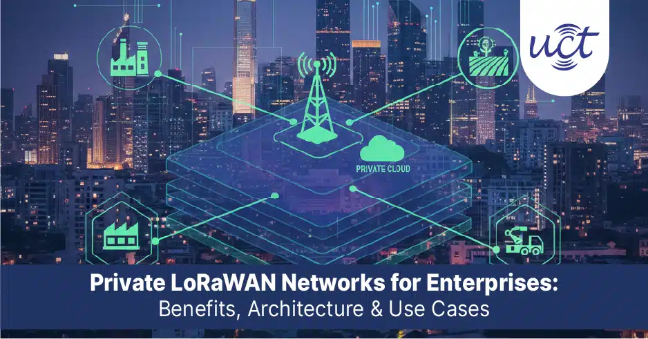 Diagram of private LoRaWAN network architecture for enterprises showing end devices, UG67 gateways, network server, and application server in star topology with benefits like security and low latency.