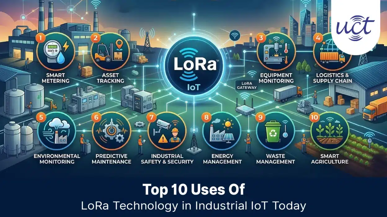 LoRa technology industrial IoT applications infographic showing top 10 uses including predictive maintenance, asset tracking, environmental monitoring, energy management, safety detection, process optimization, leak detection, inventory management, equipment health monitoring and security systems for smart factories by UniConverge Technologies