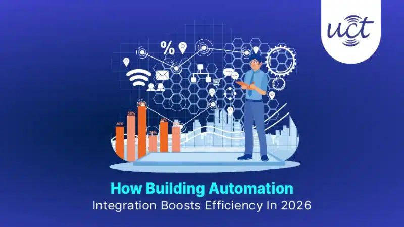 Building automation system integration dashboard showing HVAC, lighting, and IoT‑sensor data unified on a single control interface for a smart building in 2026.
