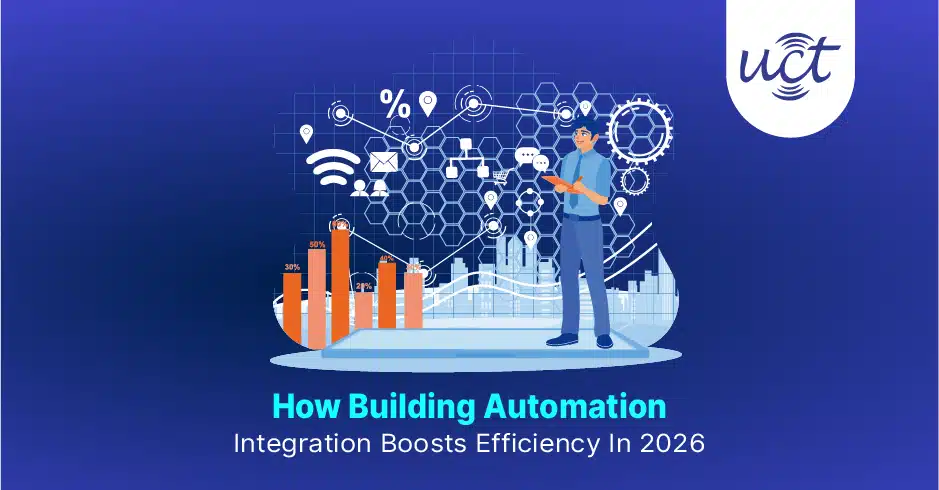 Building automation system integration dashboard showing HVAC, lighting, and IoT‑sensor data unified on a single control interface for a smart building in 2026.